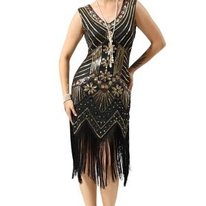 Women's Fringe Dress, Retro Fashion V-Neck Sexy Dresses Tassel Style Sequined